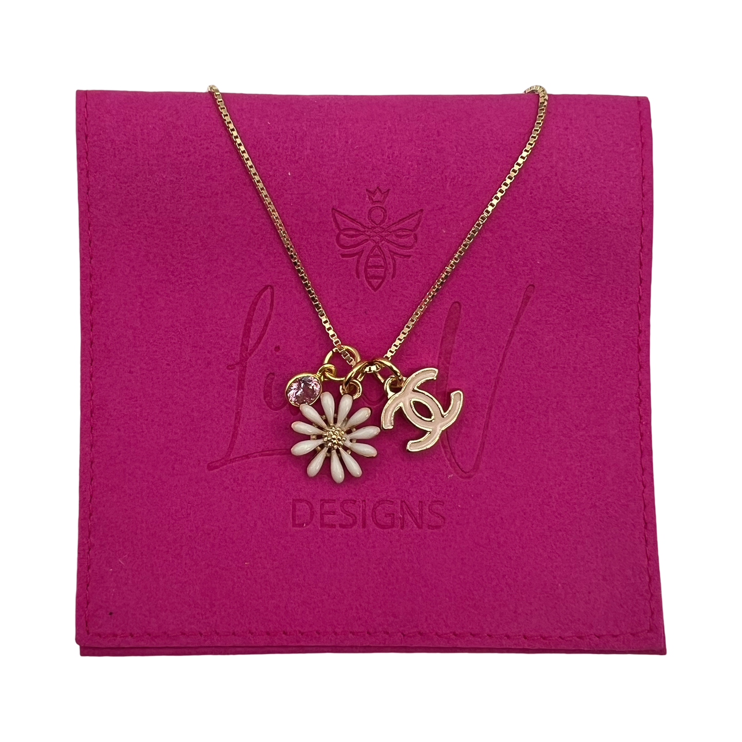 Repurposed CC Pink Logo & Daisy Gold Charm Necklace
