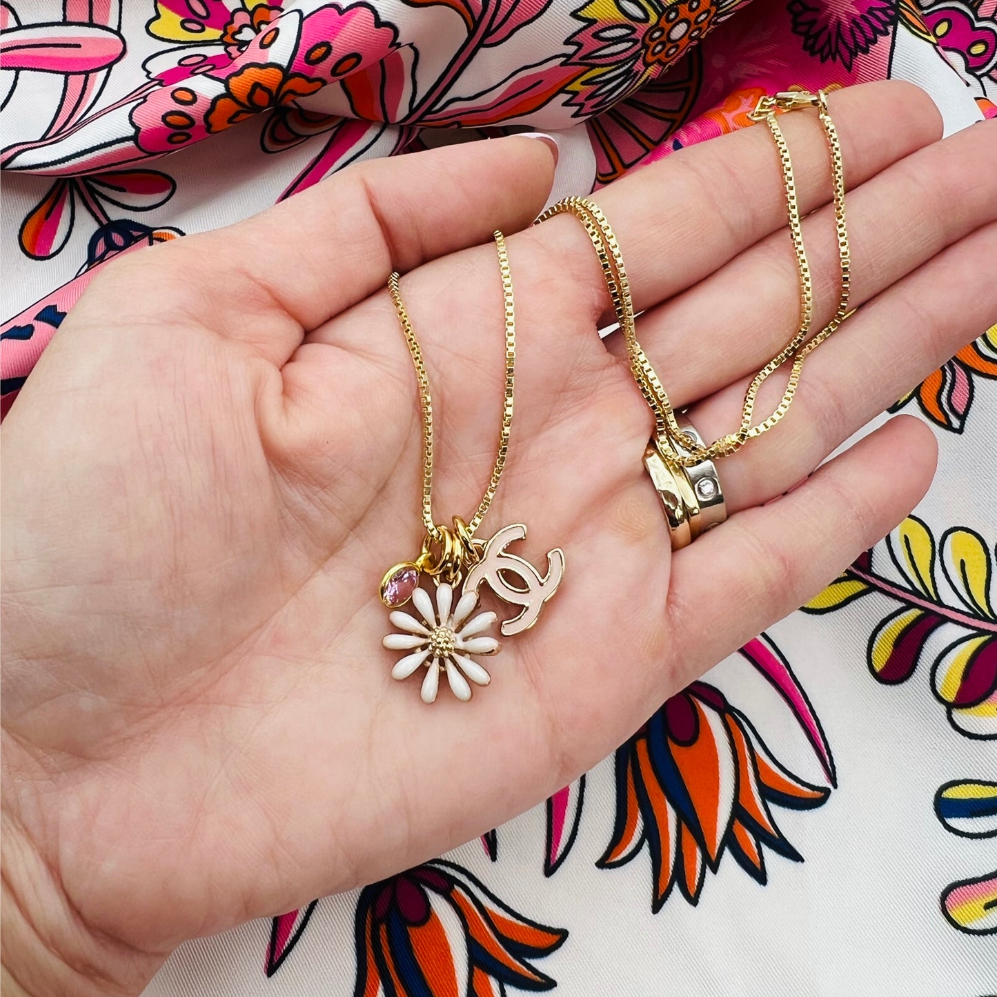 Repurposed CC Pink Logo & Daisy Gold Charm Necklace
