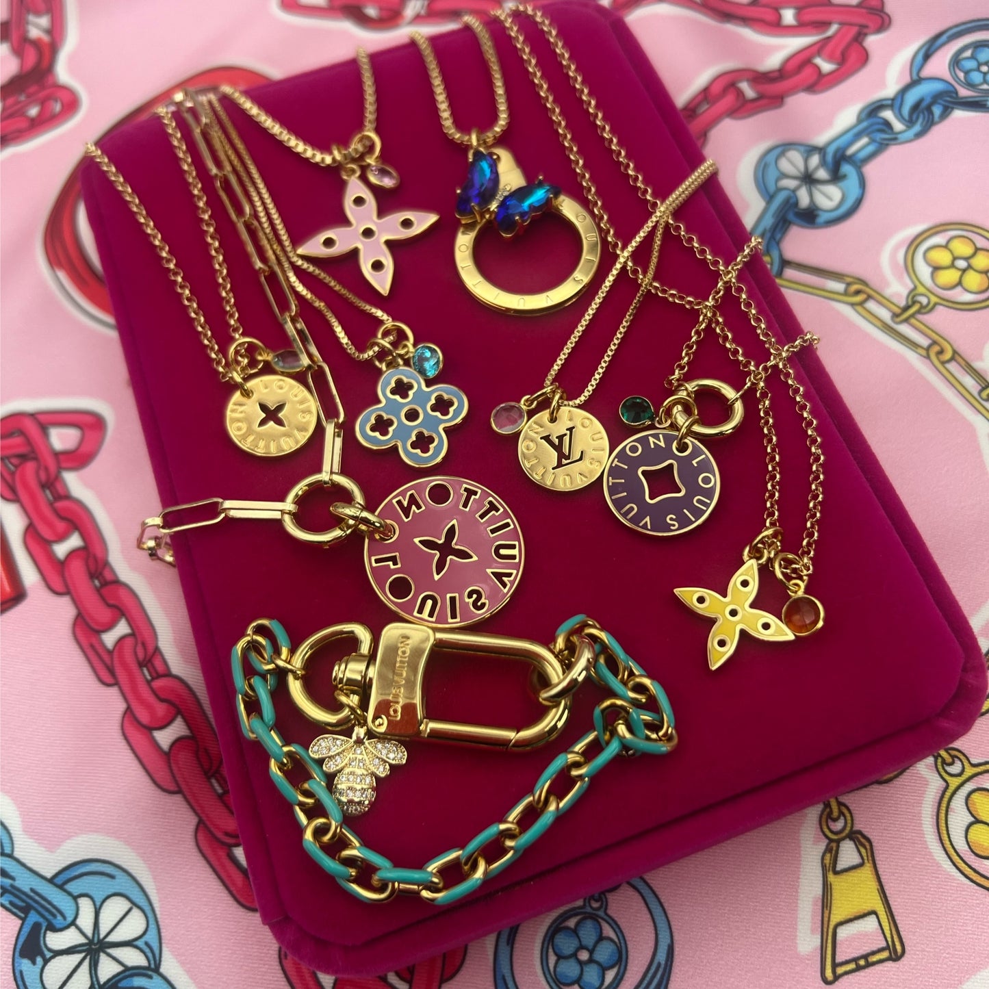 Repurposed LV Double Pink & Green Flower Charm Necklace
