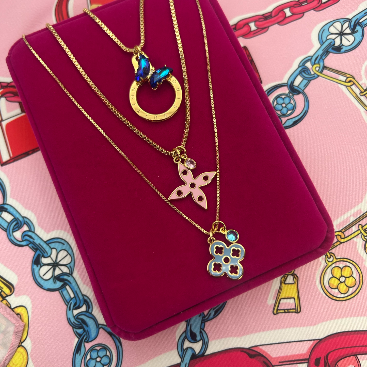 Repurposed LV Double Pink & Green Flower Charm Necklace