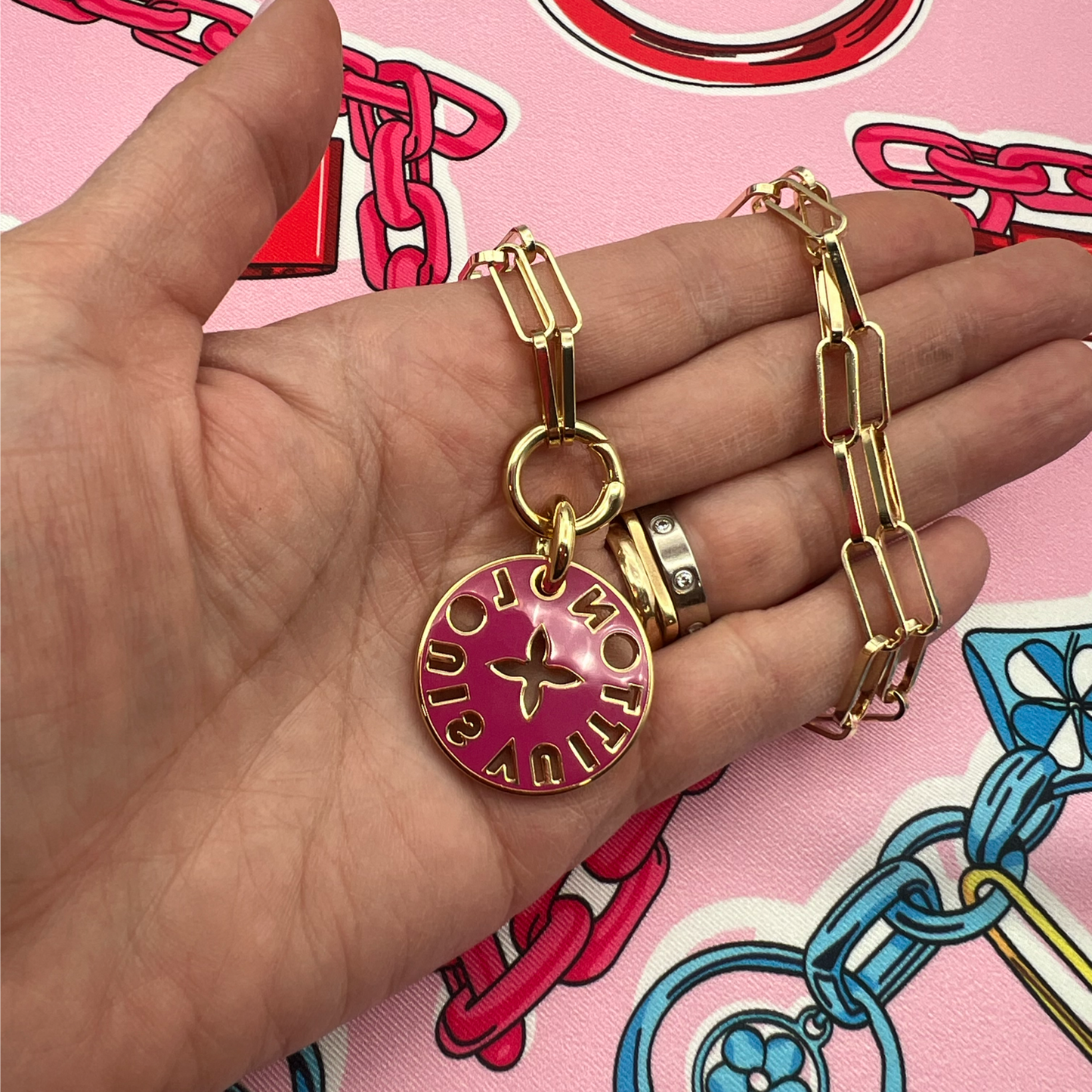 Repurposed LV Double Sided Pink & Green Charm Necklace
