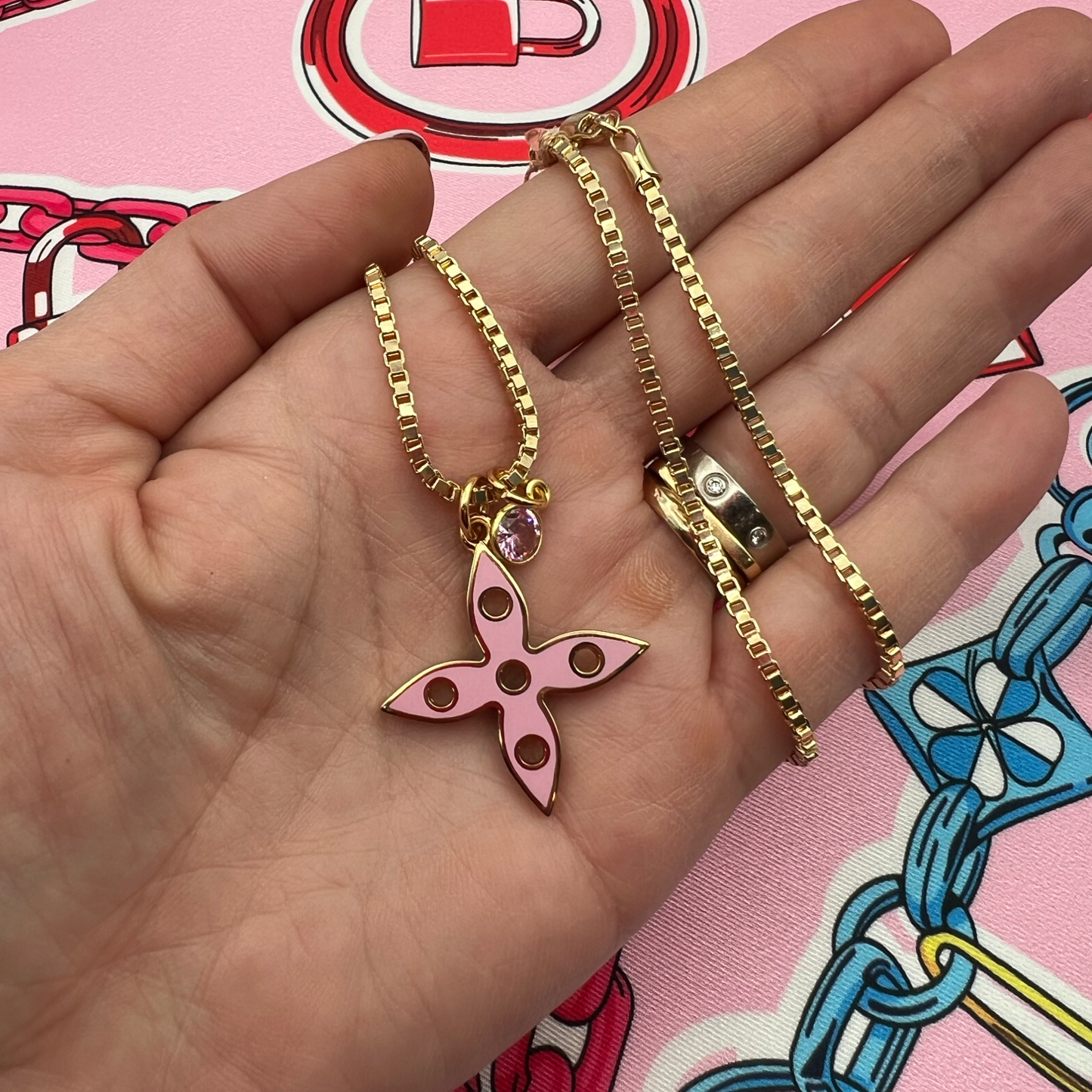 Repurposed LV Double Pink & Green Flower Charm Necklace