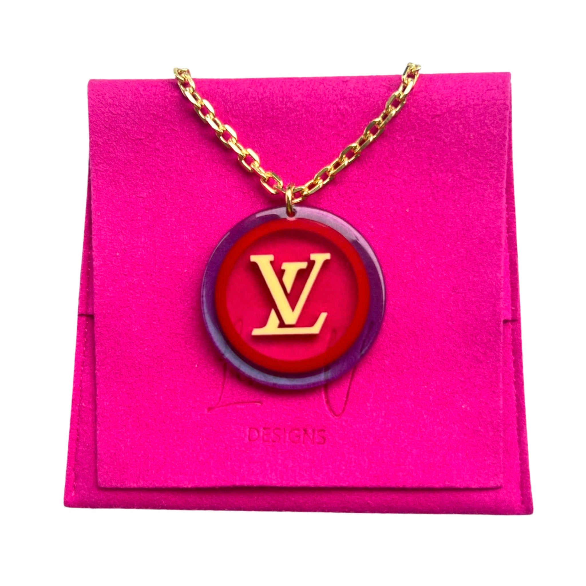 Repurposed Large Louis Vuitton Pink & Purple Logo Cut~Out Necklace