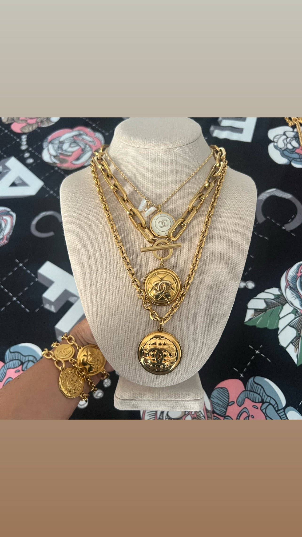 Repurposed CC Quilt Gold Charm Necklace