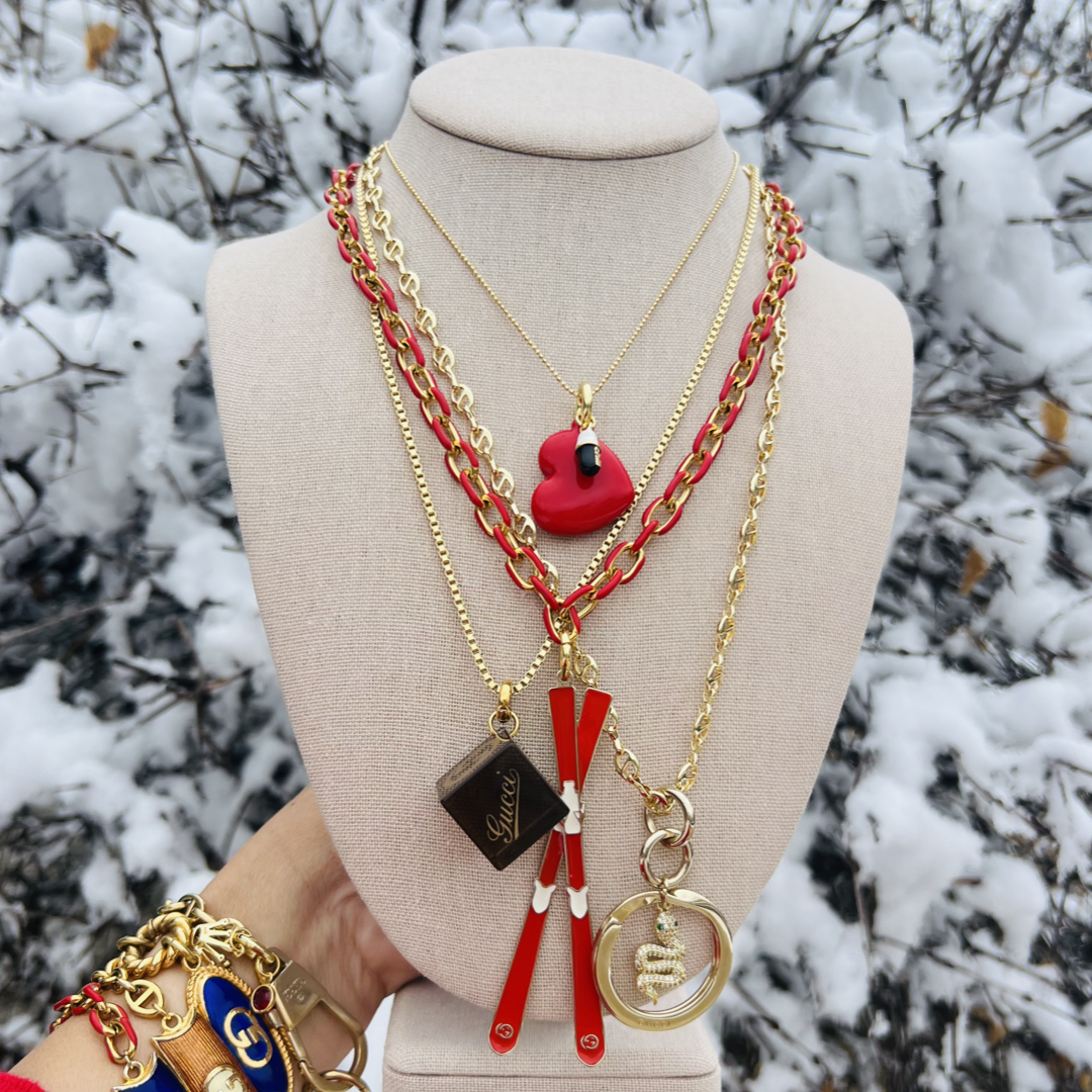 Repurposed GG Red Skis Charm Necklace