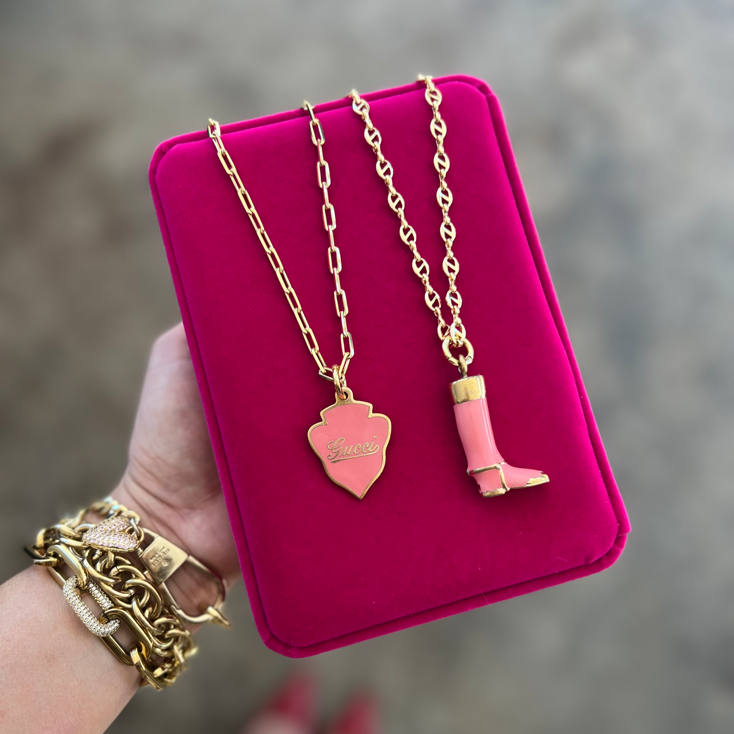 Repurposed GG Pink Cursive & Gold Charm Necklace