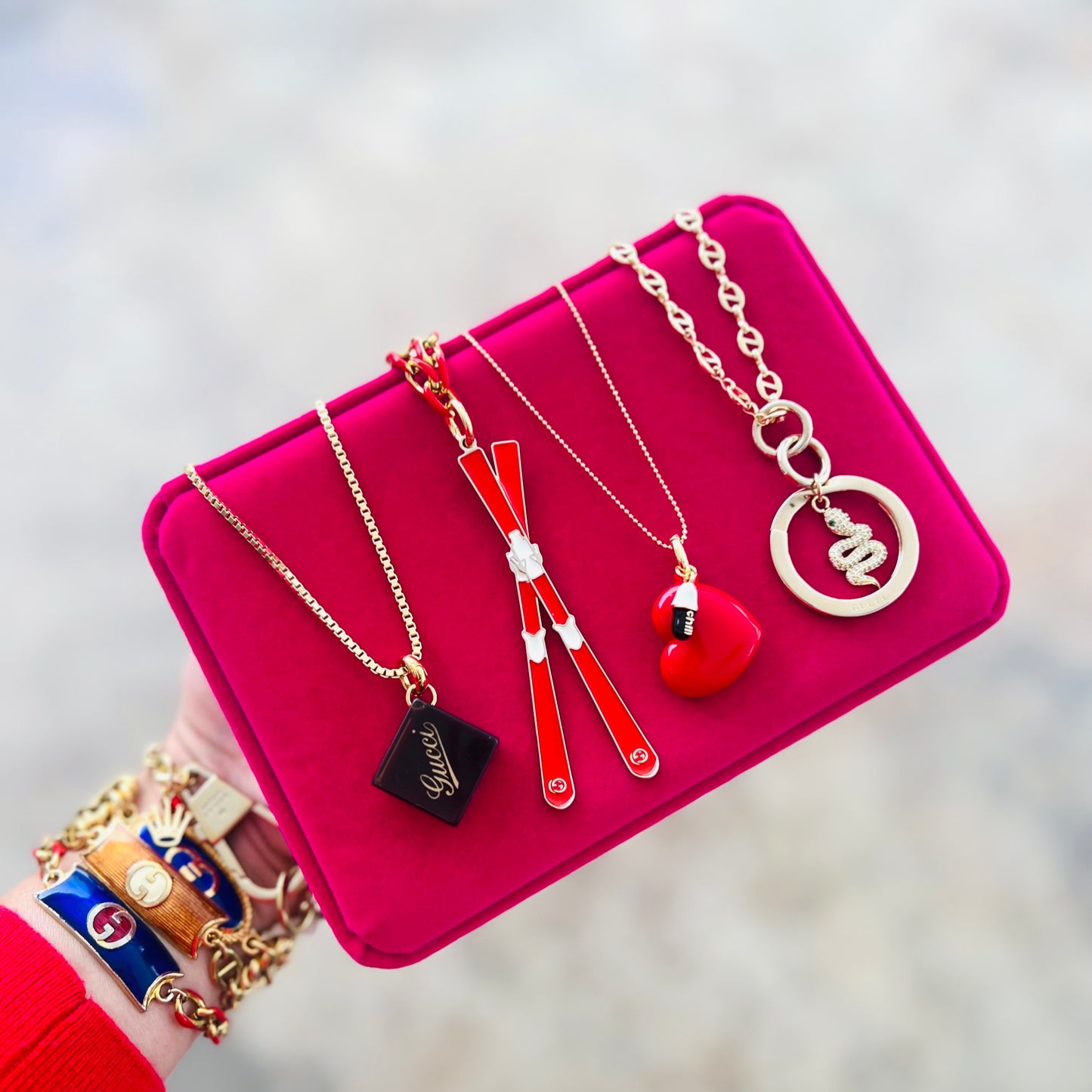 Repurposed GG Red Skis Charm Necklace