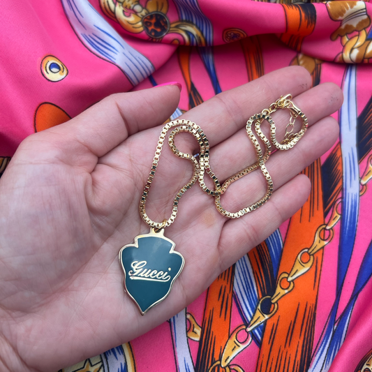 Repurposed GG Green Cursive Charm Necklace