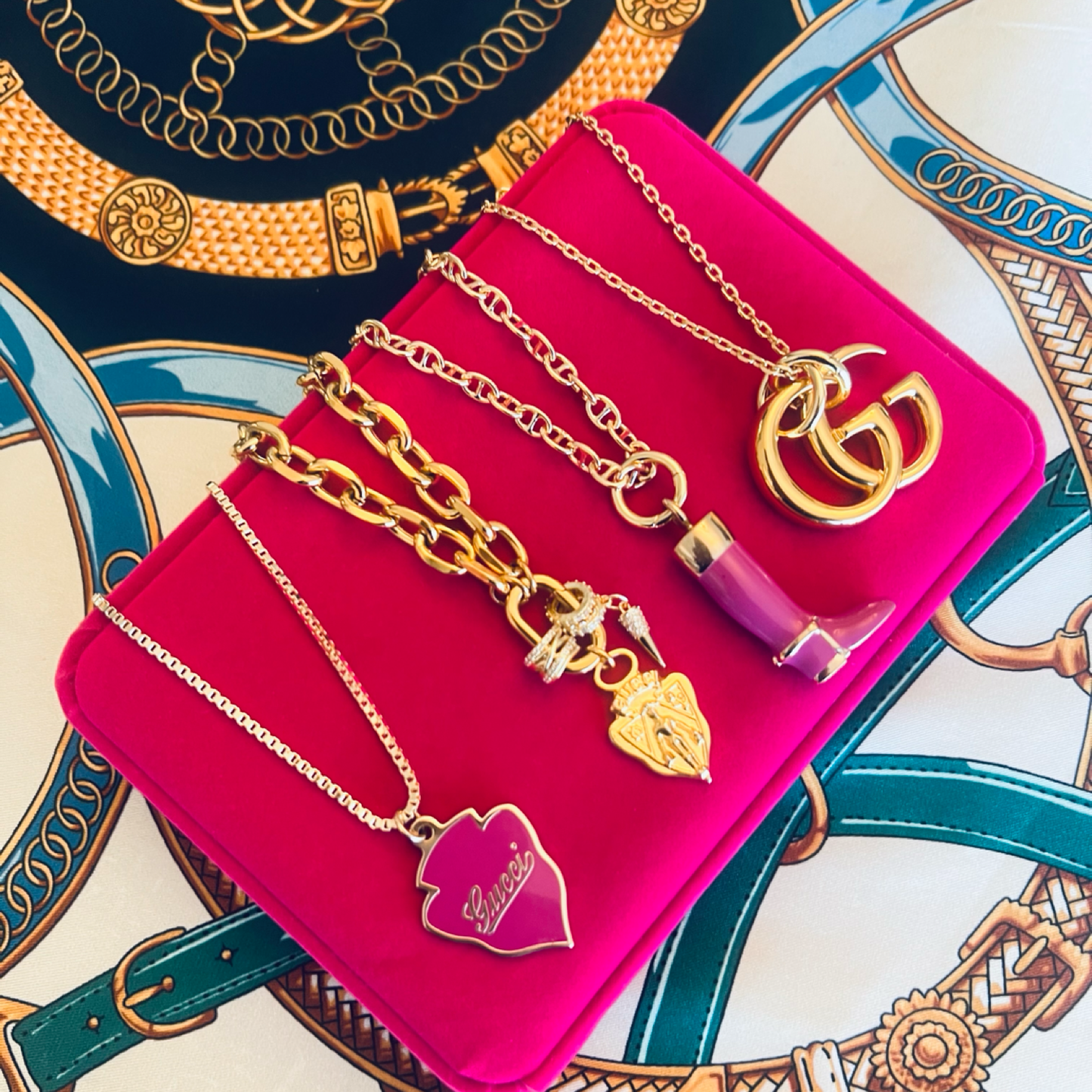 Repurposed GG Magenta Cursive Gold Charm Necklace