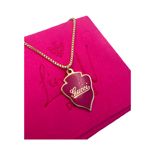 Repurposed GG Magenta Cursive Gold Charm Necklace