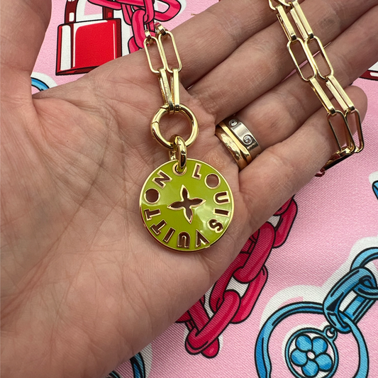 Repurposed LV Double Sided Pink & Green Charm Necklace