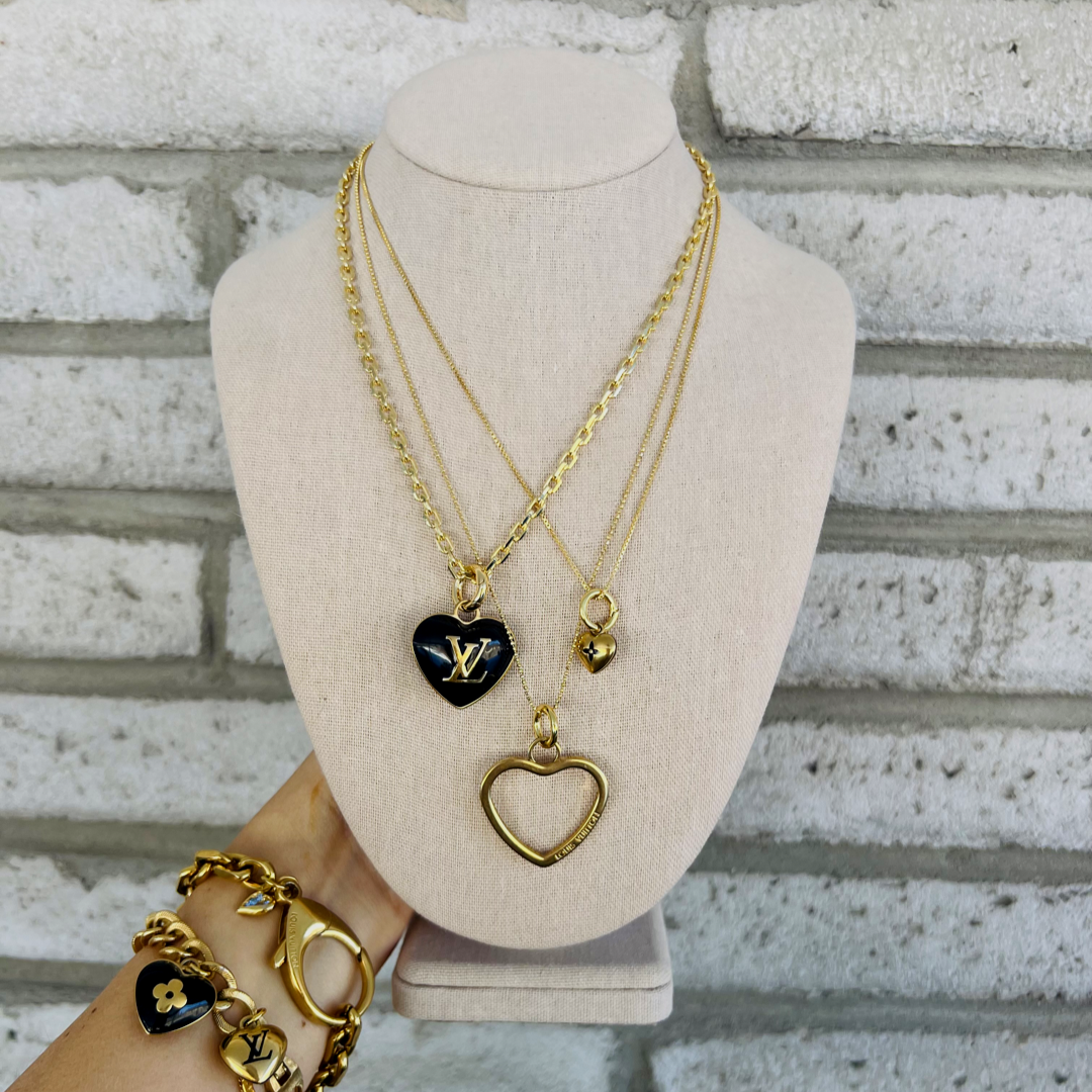 Repurposed LV Black & Gold  Large Heart Charm Necklace