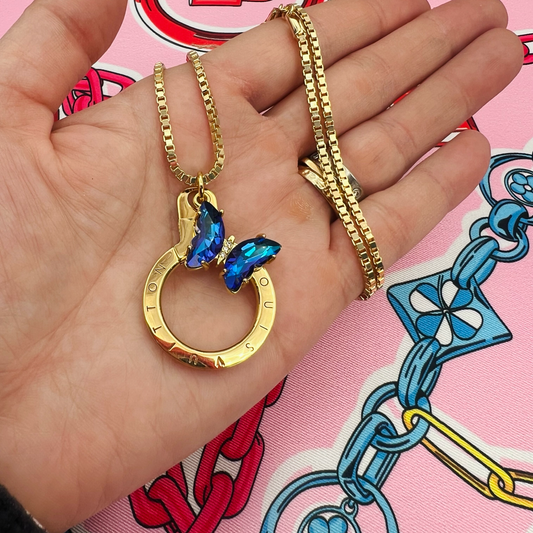 Repurposed LV Blue Butterfly Ring Necklace