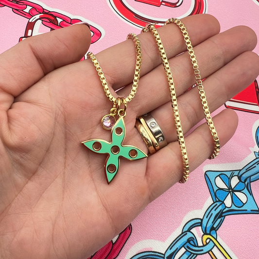 Repurposed LV Double Pink & Green Flower Charm Necklace