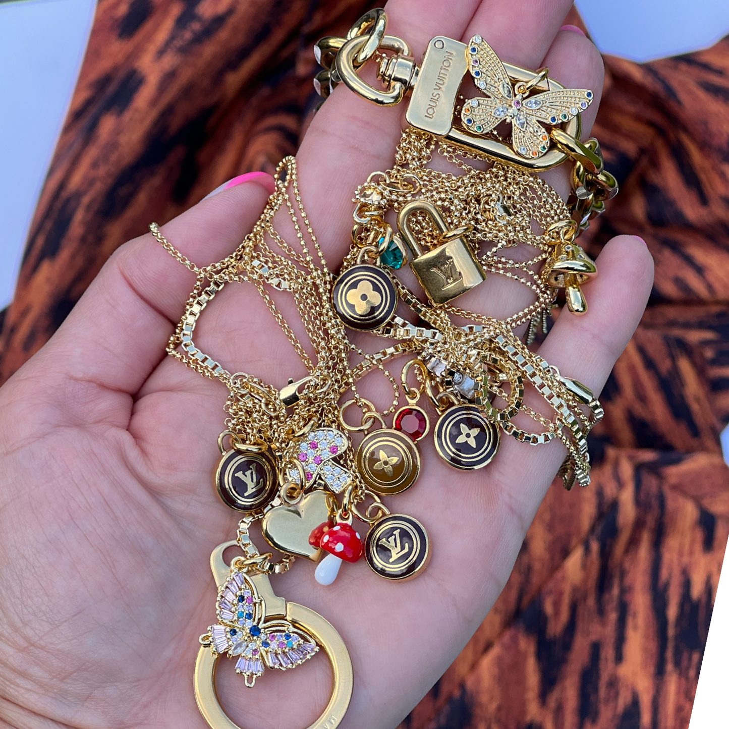 Repurposed LV Pastilles Brown  Gold & Mushroom Charm Necklace