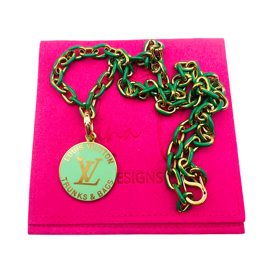 Repurposed LV Trunks & Bags Green Double Sided Necklace