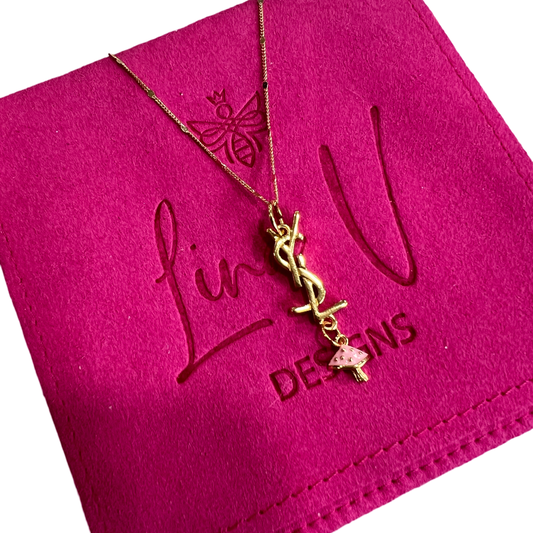 Repurposed YSl Logo Mushroom Charm Necklace