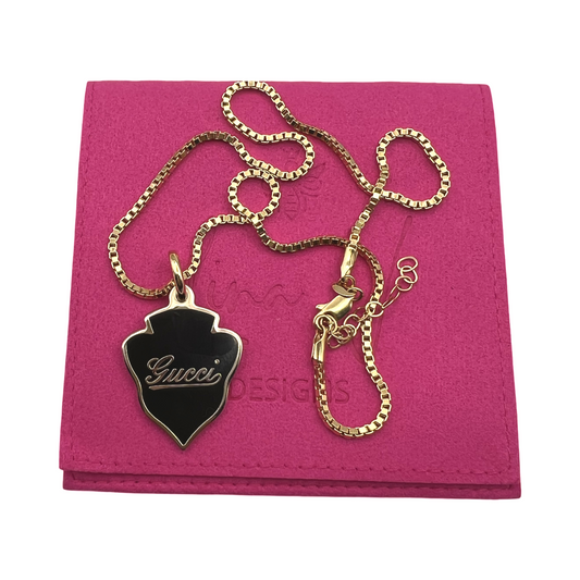 Repurposed GG Black Cursive Enamel Charm Necklace