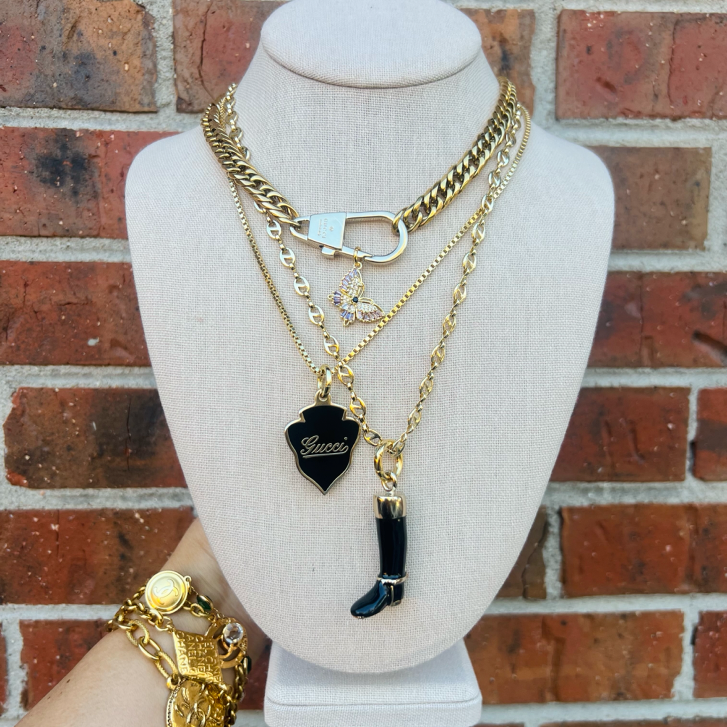 Repurposed GG Black Cursive Enamel Charm Necklace