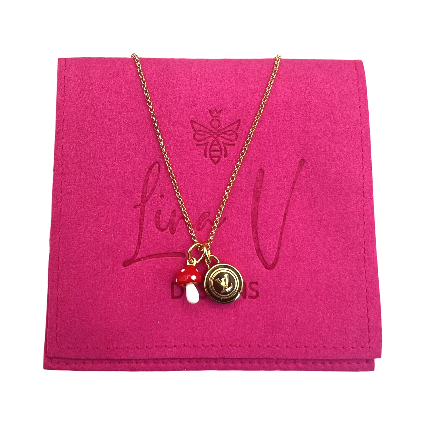 Repurposed LV Pastilles Brown  Gold & Mushroom Charm Necklace