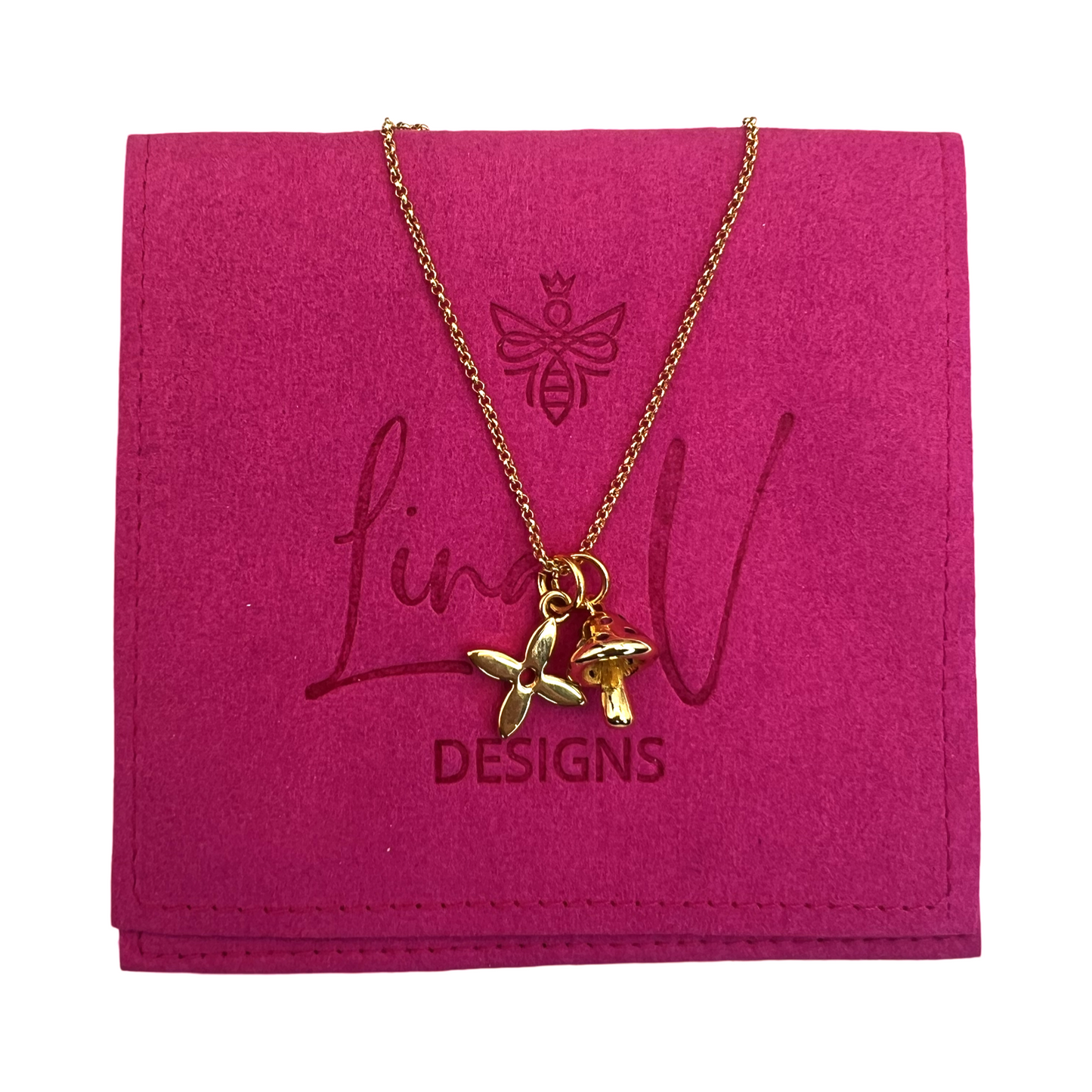 Repurposed LV Flower & Mushroom  Charm Necklace