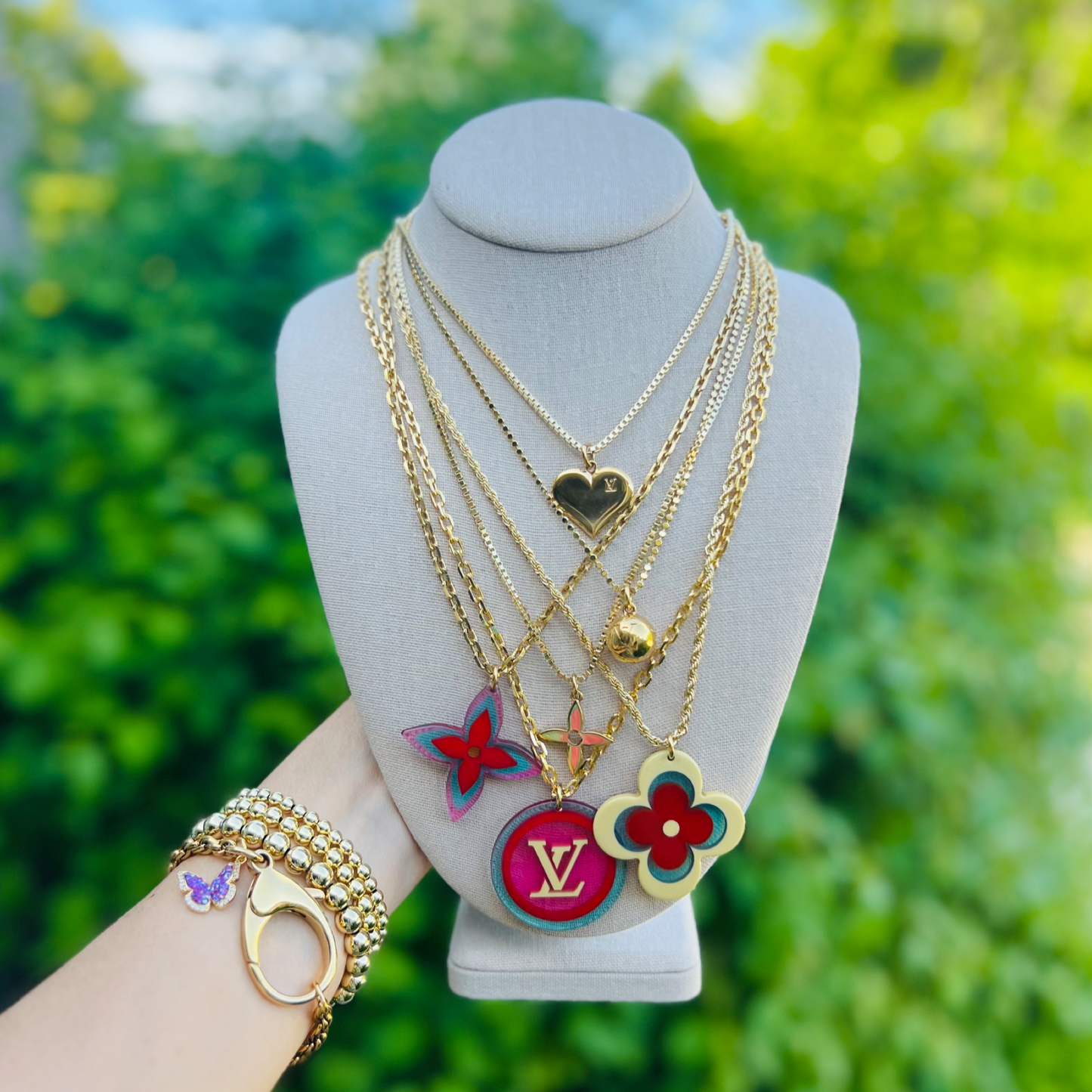 Repurposed LV Gold Flower Logo Charm Necklace