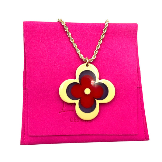 Repurposed LV Large Flower Red & Blue Resin Charm Necklace