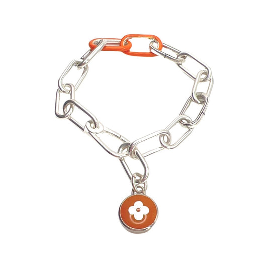 Repurposed LV Monogram Orange  Flower Pastille Charm On Silver  Chain Bracelet