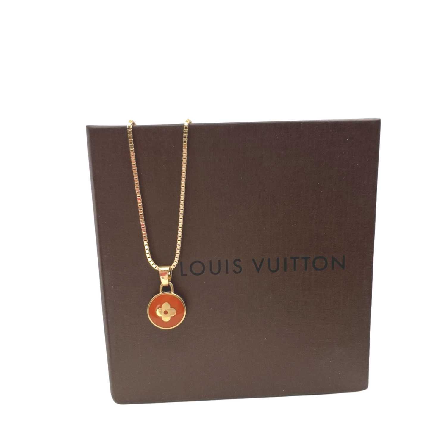 Repurposed LV Monogram Orange & Gold Flower Pastille Charm Necklace