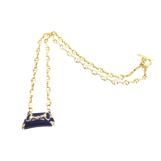 Repurposed GG Dark purple  Enamel & Gold Horsebit Clutch  Necklace