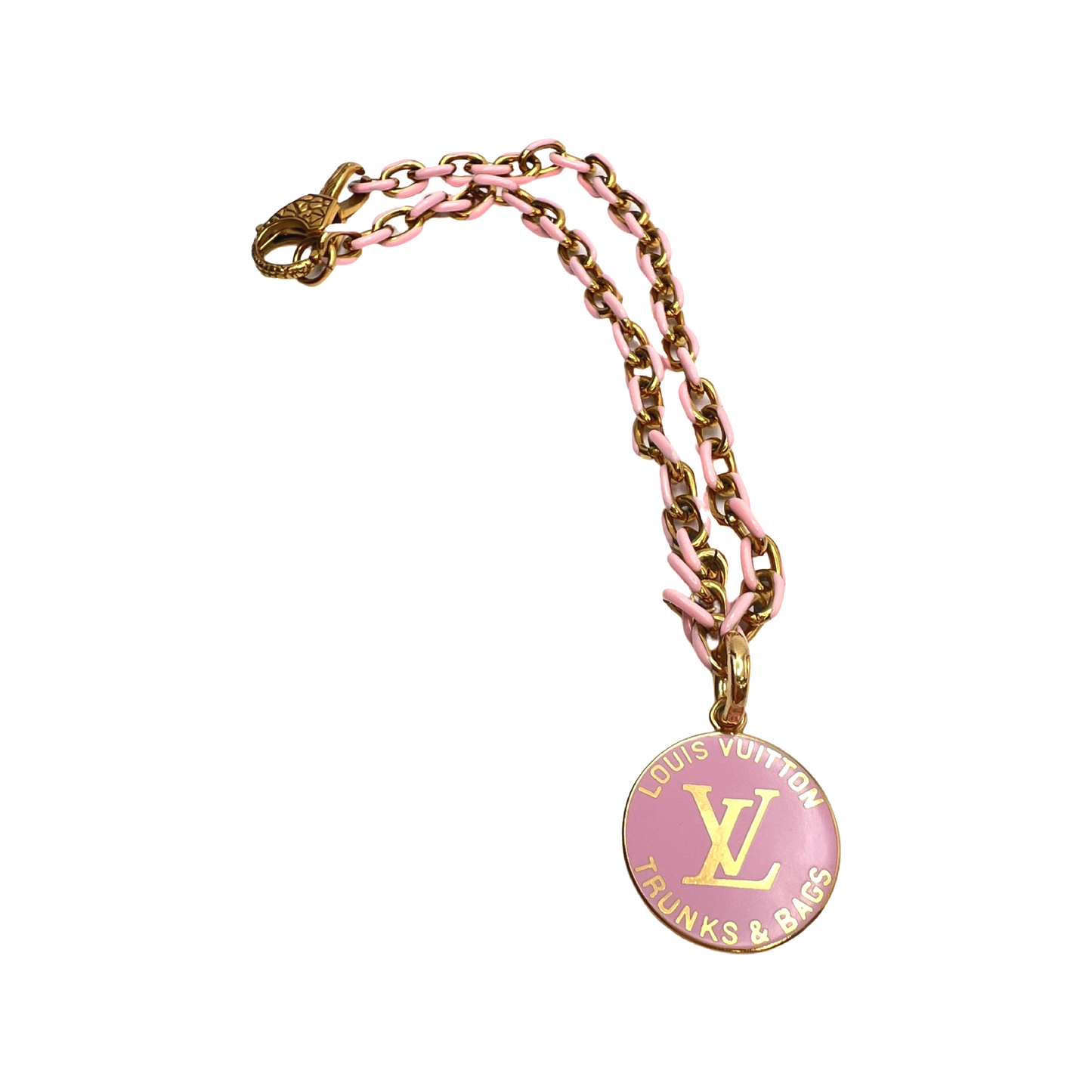 Repurposed LV Large  Pink  Enamel  Charm On Pink Chain Necklace