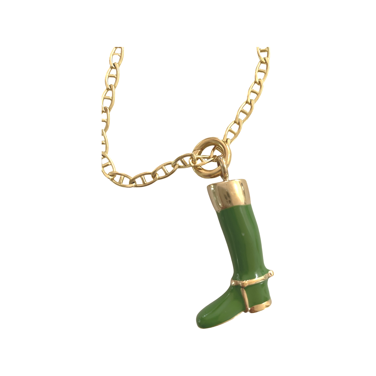 Repurposed GG Green & Gold Enamel Riding Boot Charm Necklace