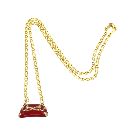 Repurposed GG Red Enamel & Gold Horsebit Clutch Necklace