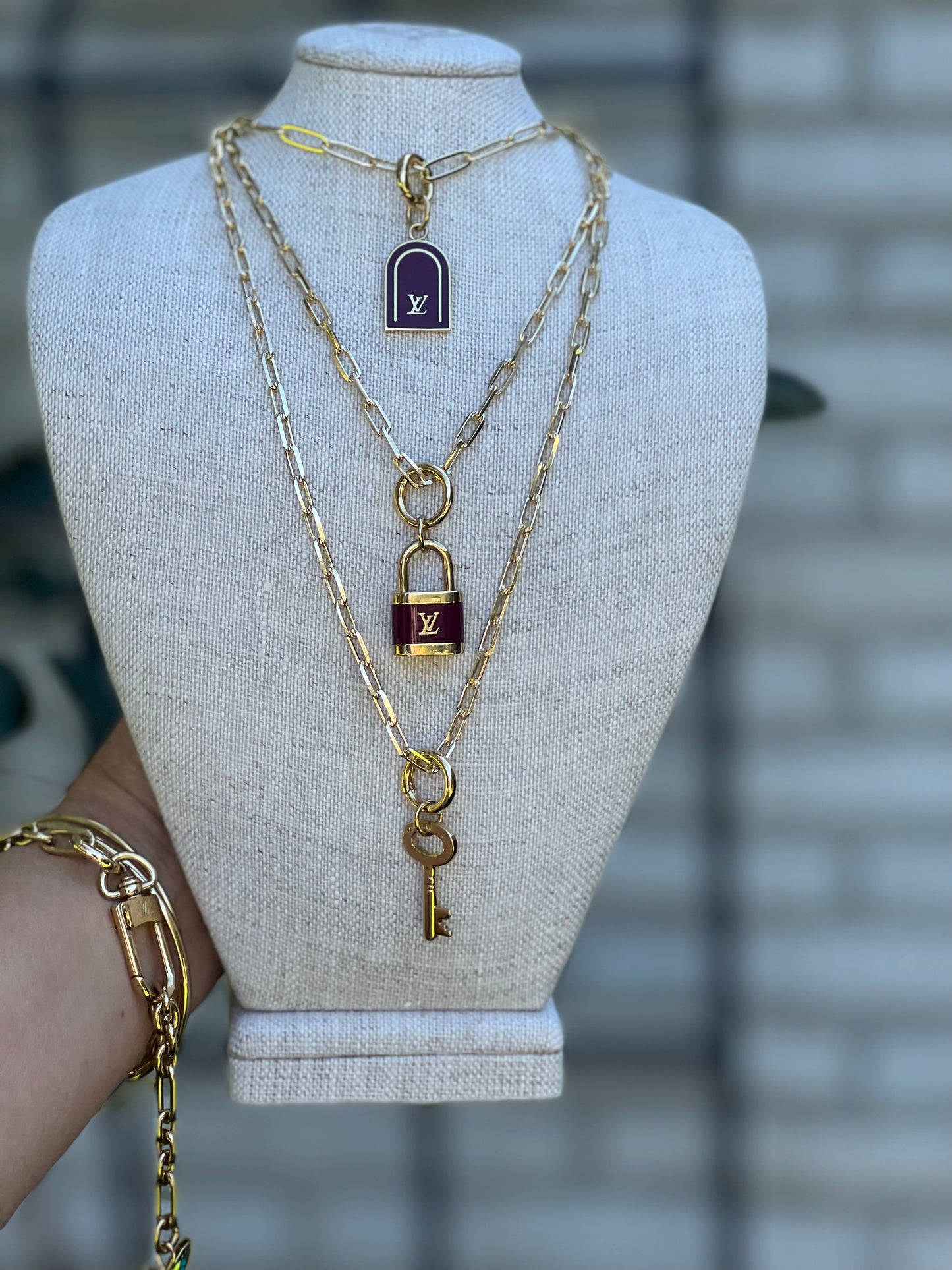 Repurposed LV  Burgundy Lock Necklace