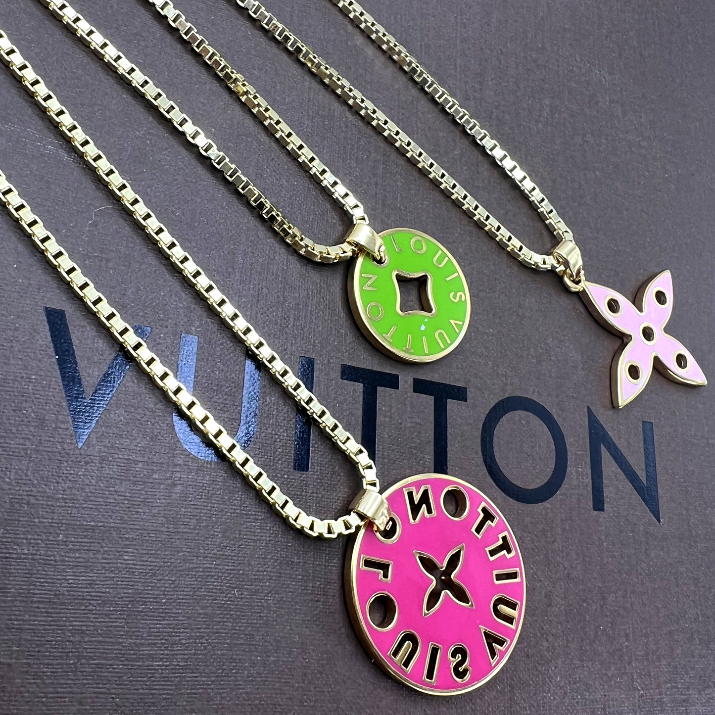 Repurposed LV Purple & Green Double Sided Enamel Necklace