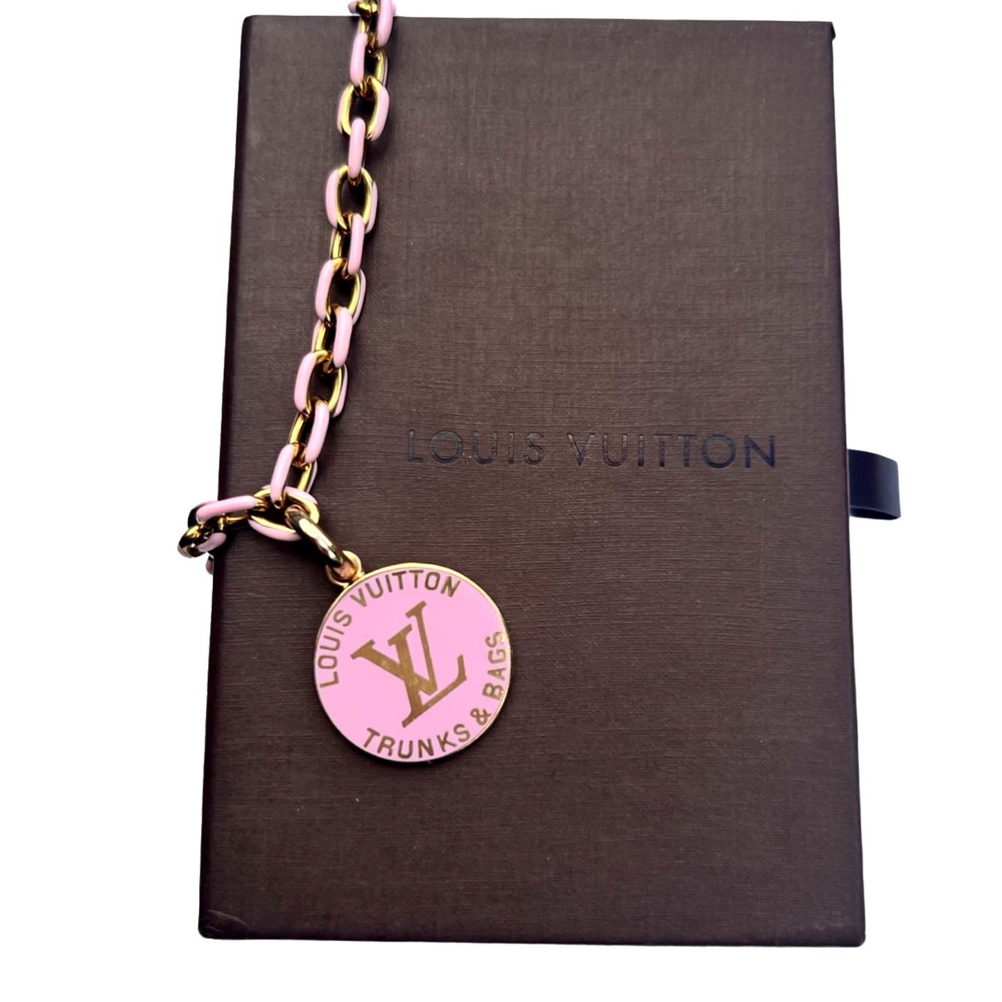 Repurposed LV Large  Pink  Enamel  Charm On Pink Chain Necklace