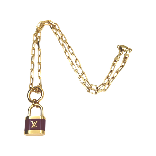 Repurposed LV  Burgundy Lock Necklace