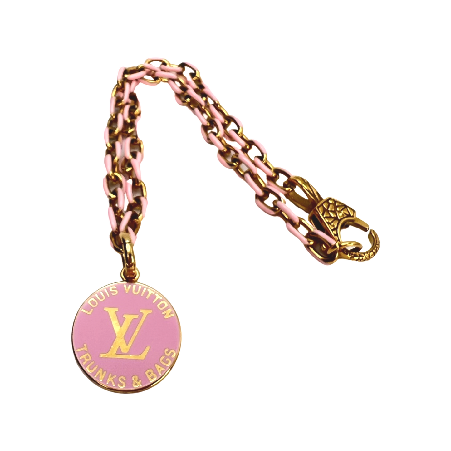 Repurposed LV Large  Pink  Enamel  Charm On Pink Chain Necklace