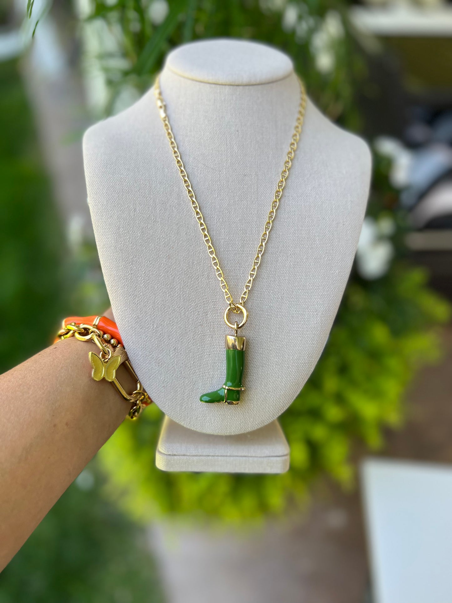 Repurposed GG Green & Gold Enamel Riding Boot Charm Necklace