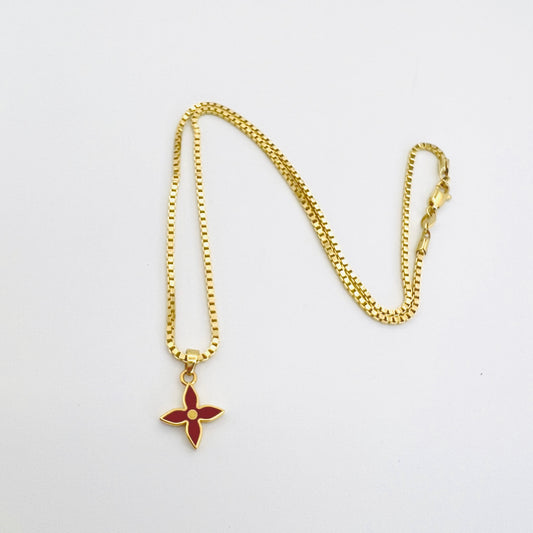 Repurposed LV Red Flower Charm Necklace