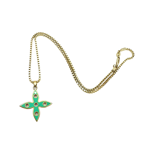 Repurposed LV Large  Green & Pink Double  Sided  Enamel Flower  Charm Necklace